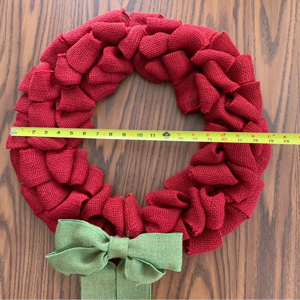 Red & Green Bow Burlap Wreath – Weaved Holiday Decoration – Thick Wire Frame
